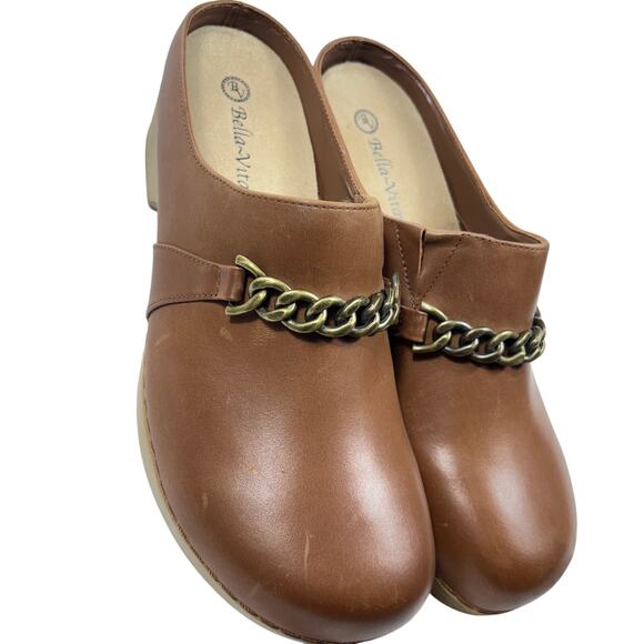 Bella-Vita Clog Mules Women's 12WW Tan Leather Chain Accent Slip Resistant Wide - Picture 4 of 9